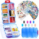 14 Grids Travel Pill Organizer Box con 415-Pcs Medicine Name Labels - Pocket Daily Pharmacy Case Container Kit - Dispensador de portadores de medicamentos para el aceite de pescado Suplemento de almacenamiento de vitaminas - azul claro