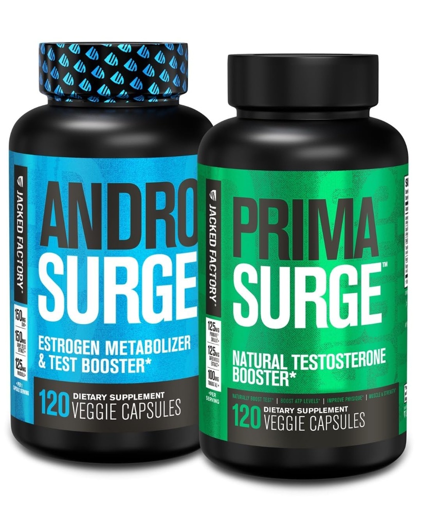Jacked Factory Testosterone Booster for Men | Estrogen Blocker with Tongkat Ali - Androsurge Anti-Estrogen + Primasurge Natural Test Booster - for Muscle Growth, Vitality, Energy, 60 Day Supply