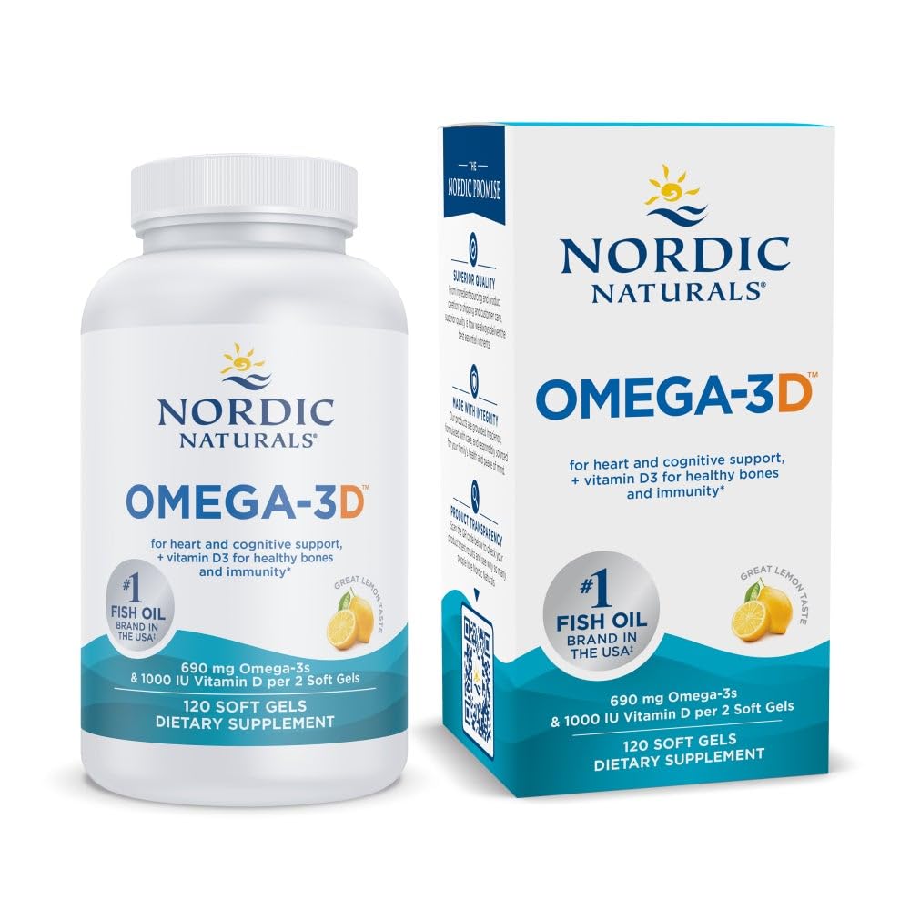 Nordic Naturals Omega-3D, Lemon Flavor - 120 Soft Gels - 690 mg Omega-3 + 1000 IU Vitamina D3 - Fish Oil - EPA & DHA - Immune Support, Brain & Heart Health, Healthy Bones - Non-GMO - 60 Servings