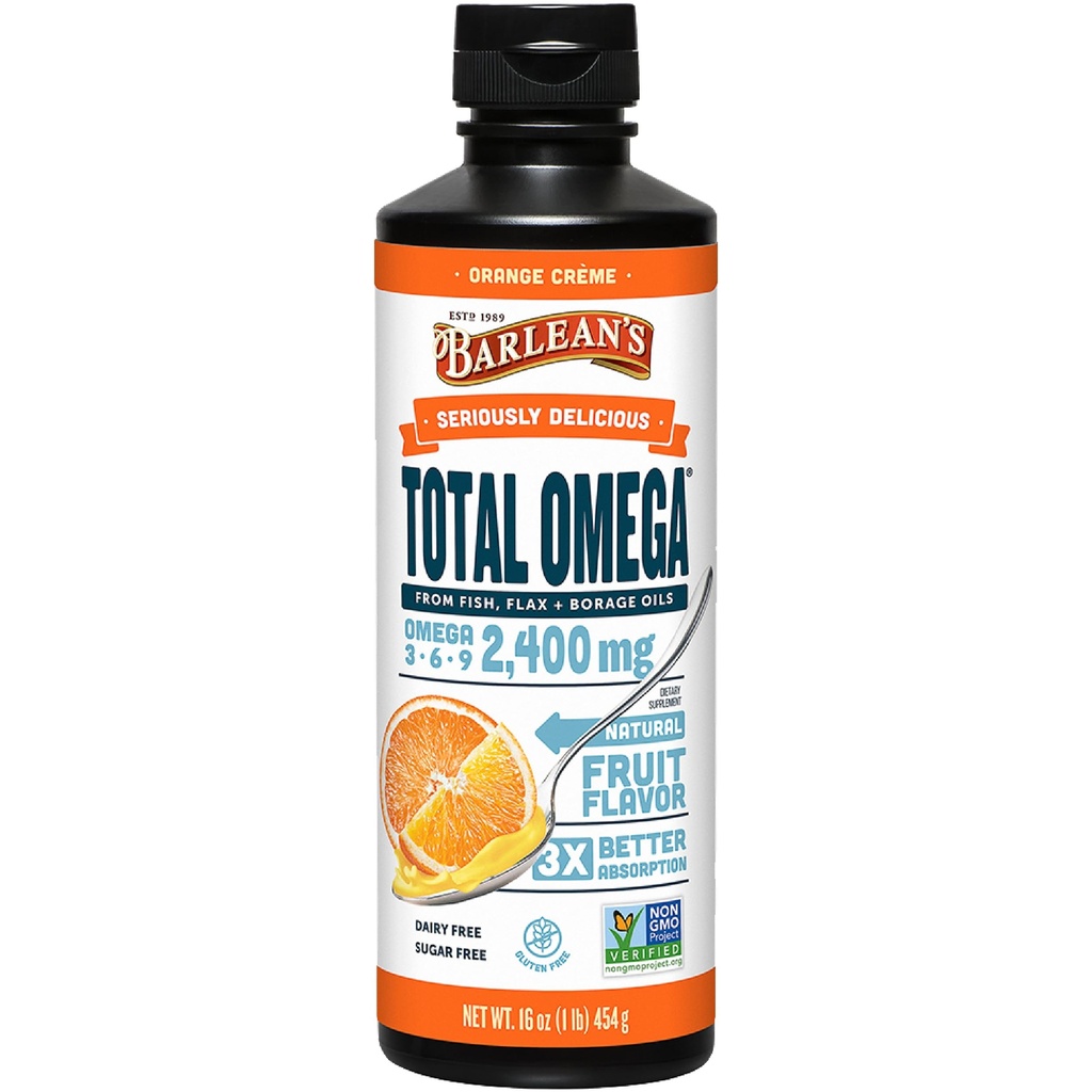 Total Omega de Barlean 3 6 9 Suplemento de aceite de pescado líquido con aceite de borrado y licuado, naranja Crème, 2.400 mg de EPA, DHA y GLA ácidos grasos, 16 oz