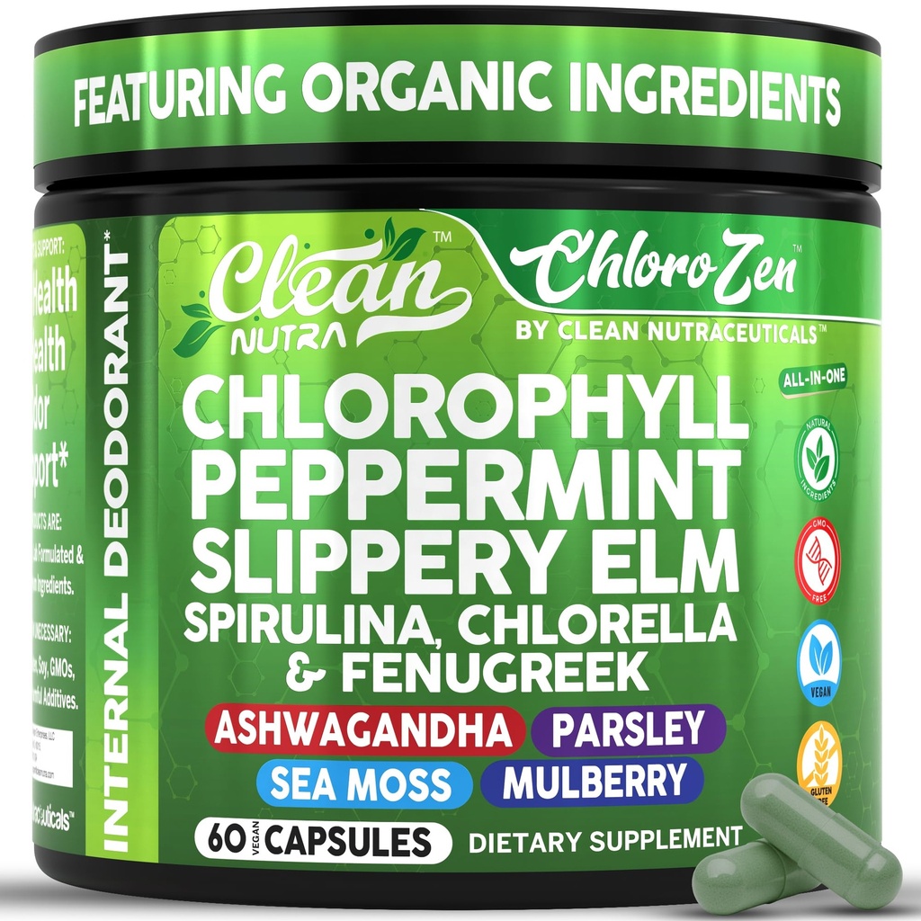 Clean Nutra Chlorophyll Capsules + Peppermint Slippery Elm Spirulina Chlorella Fenugreek Ashwagandha Sea Moss Supplement – Ph Balance for Women Detox Internal Deodorant Supplement + Prebiotics 60 Ct