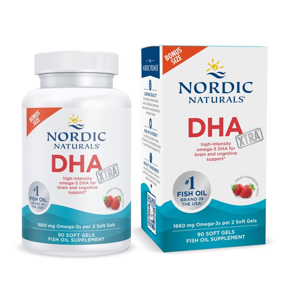 Naturales nórdicos DHA Xtra, Fresa - 90 Gels blandos - 1660 mg Omega-3 - Alta intensidad DHA Fórmula para soporte del sistema nervioso y cerebral - No GMO - 45 Servimientos