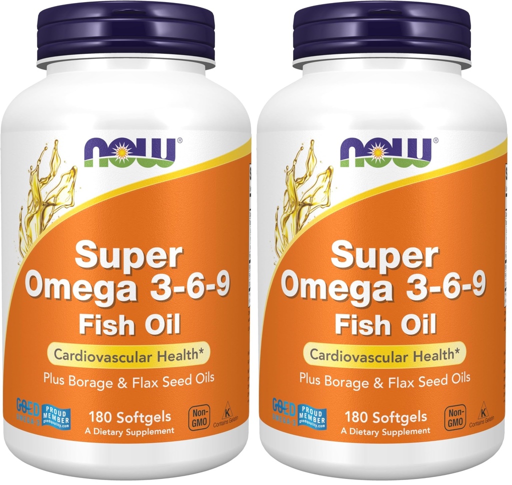 NOW Foods Supplements, Super Omega 3-6-9 1200 mg with a Blend of Fish, Borage and Flax Seed Oils, 180 Softgels,(Pack of 2)