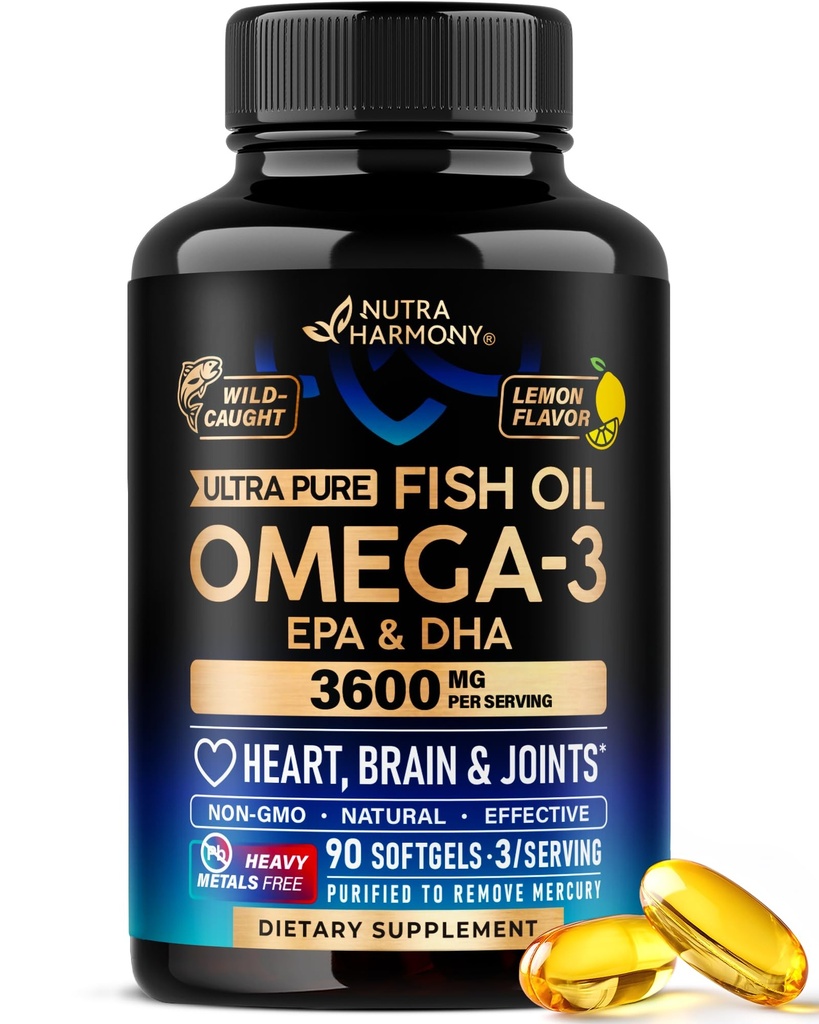 Omega 3 Fish Oil 3600 mg - Omega 3 Suplemento Silencioso EPA &amp; DHA - Heavy Metals Free - Heart, Brain &amp; Joint Support - Purified Fish Oil for Men &amp; Women - Lemon Flavored - Made in USA, 90 Softgels