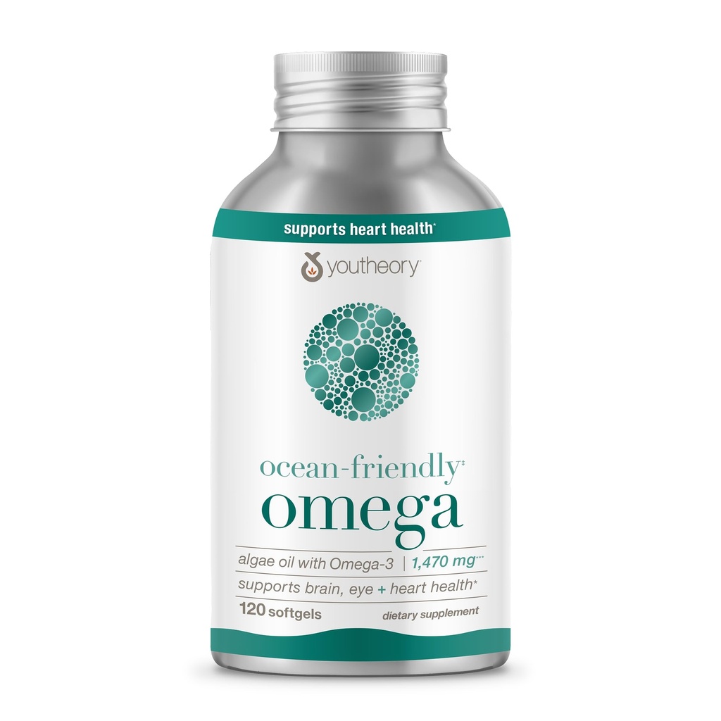 Youtheory Ocean-Friendly Omega - Vegan Algae Omega 3 Softgel - with EPA & DHA - Heart, Eye & Brain Health - Recyclable Aluminum Container - Gluten, Soy & Dairy Free - 120 Softgels