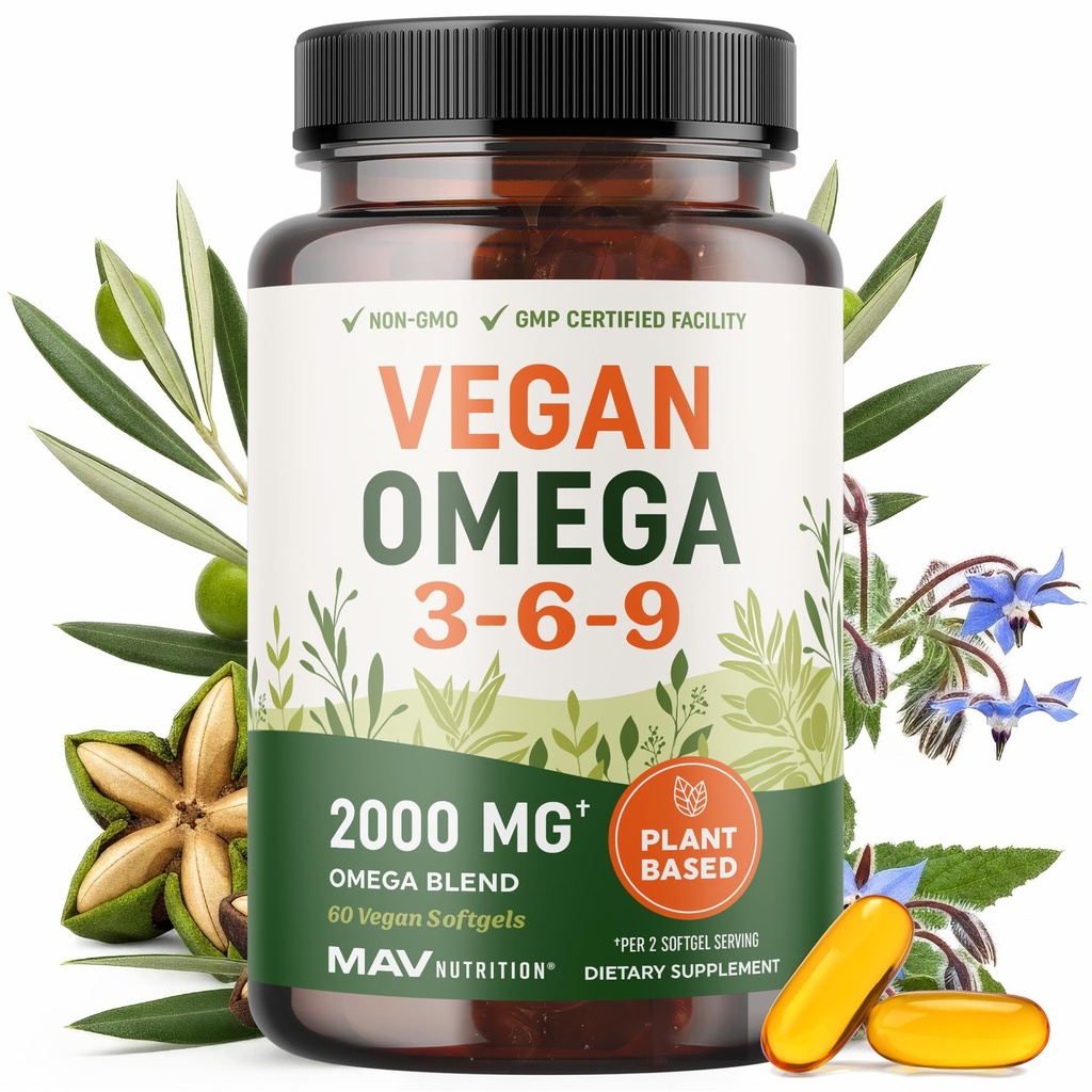 Vegan Omega 3 6 9 Supplements | 2000MG Plant-Based Triple Omega 369 Blend | Heart, Brain, Skin, and Eye Health Support | Vegan Fish Oil Alternative | Essential Fatty Acids Complex | Non-GMO | 60 Ct