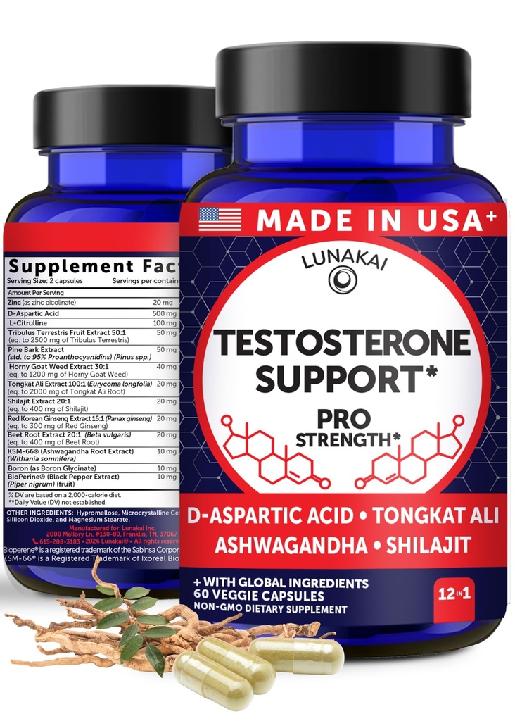 Lunakai USA Made Natural Testosterone Booster for Men with Tongkat Ali, Ashwagandha & Shilajit - Testosterone Supplement for Strength, Energy & Stamina, 60ct