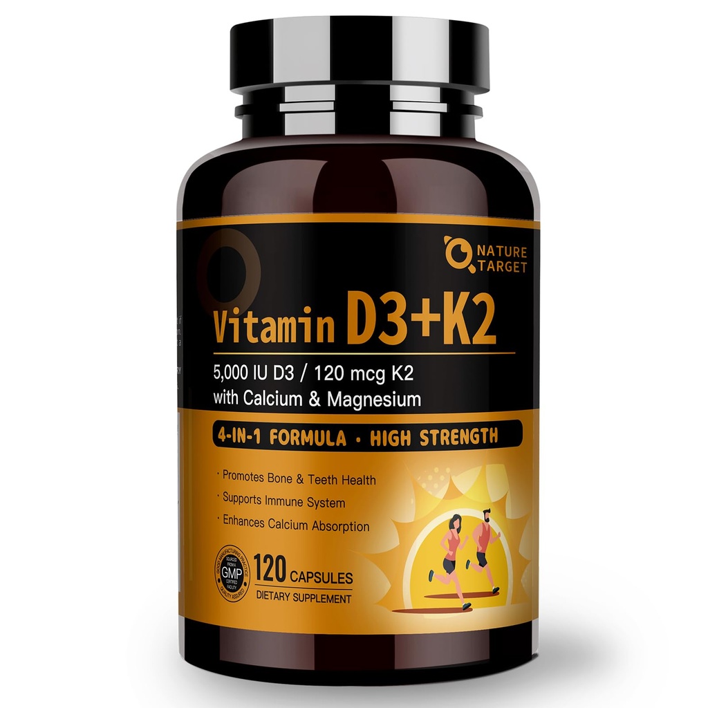NATURE TARGET Vitamin D3 K2 with Calcium & Magnesium - Max Strength 4 in 1 Formula for Bone, Heart & Immune Support - Supplies 5000 IU Vitamin D3 & 120 mcg of Vitamin K2, 120 Count