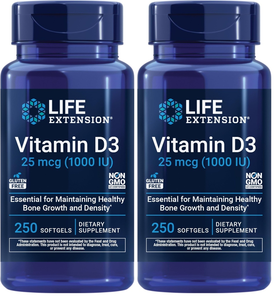 Life Extension Vitamin D3 25 mcg (1000 IU), Immune System Support, Bone Health, Whole-Body Health, Value Size, Gluten-Free, Non-GMO, 250 softgels (Pack of 2)