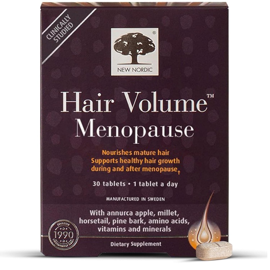 Nueva menopausia de volumen nórdico, soporta el crecimiento saludable del cabello durante y después de la menopausia, la corteza de pino y el extracto de manzana Annurca, 30 tabletas