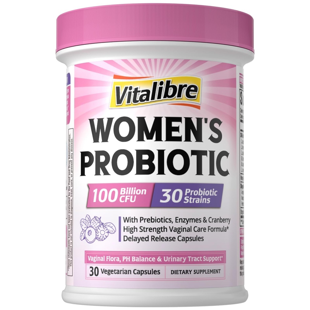Vitalibre Probiotics for Women 30 Strains, 100 Billion CFU Vaginal Probiotics with Digestive Enzymes, Prebiotics & Cranberry for Urinary Tract Health, pH Balance, 30 Veggie Capsules