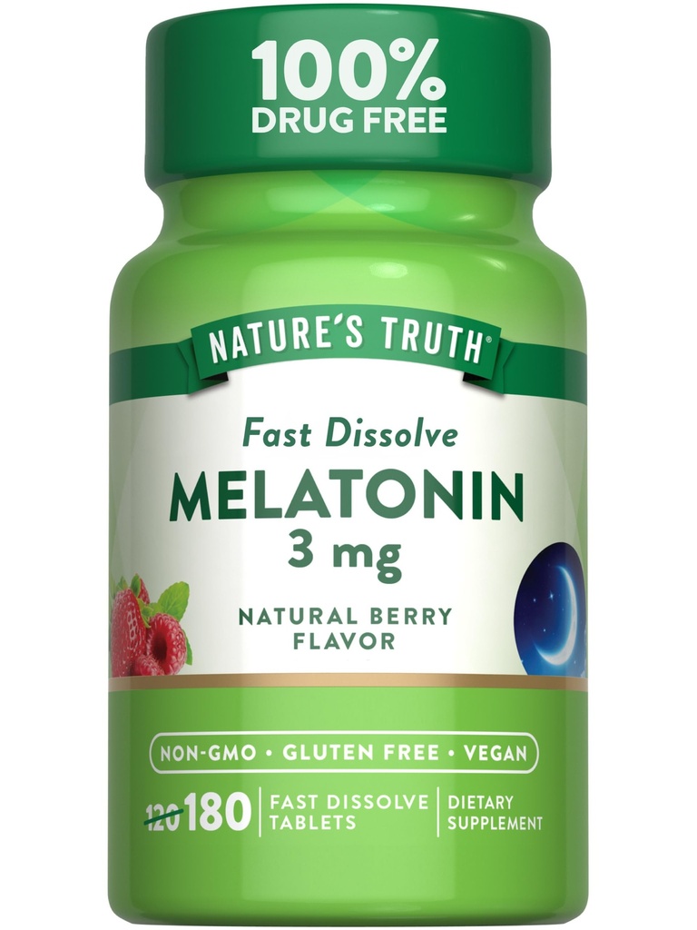 La verdad de la naturaleza Melatonin 3mg Fast Dissolve Tablets ← 180 Conde ← Natural Berry Flavor ← Vegan, No Gluten Suplemento Libre