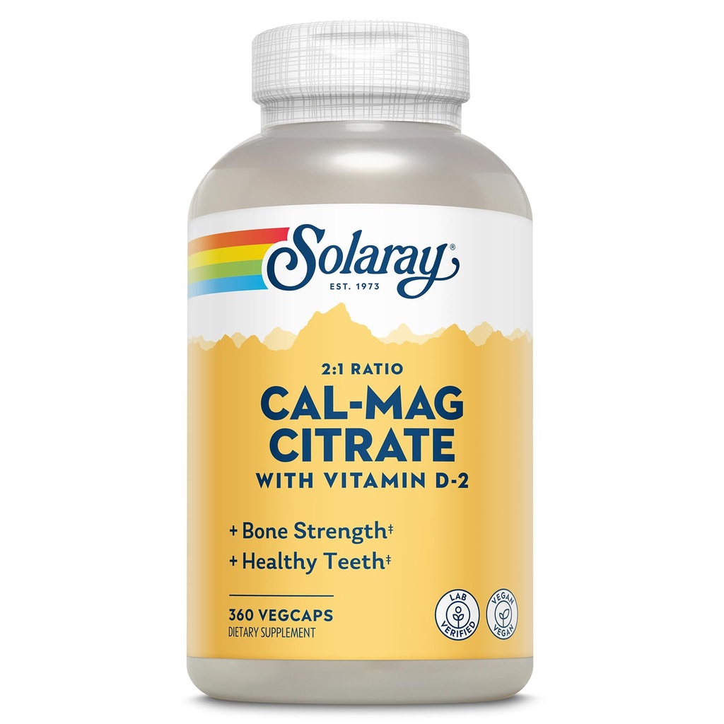Solaray Calcium Magnesium Citrate 2:1 Ratio - Calcium Supplements for Women and Men w/Magnesium and Vitamin D 2 - Bone Health, Muscle and Nerve Support - Vegan, 60-Day Guarantee, 60 Serv, 360 VegCaps