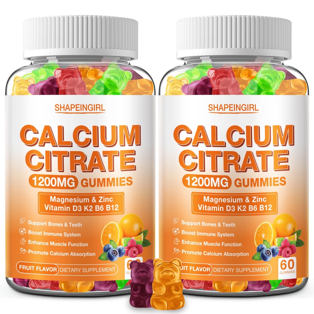 1200mg Calcium Citrate with Vitamin D3, K2, B6 & B12, Calcium Supplements for Women & Men, Plus Magnesium Zinc for Bones, Muscle & Immune Support, High Absorption Fruit Flavor 120 Calcium Gummies