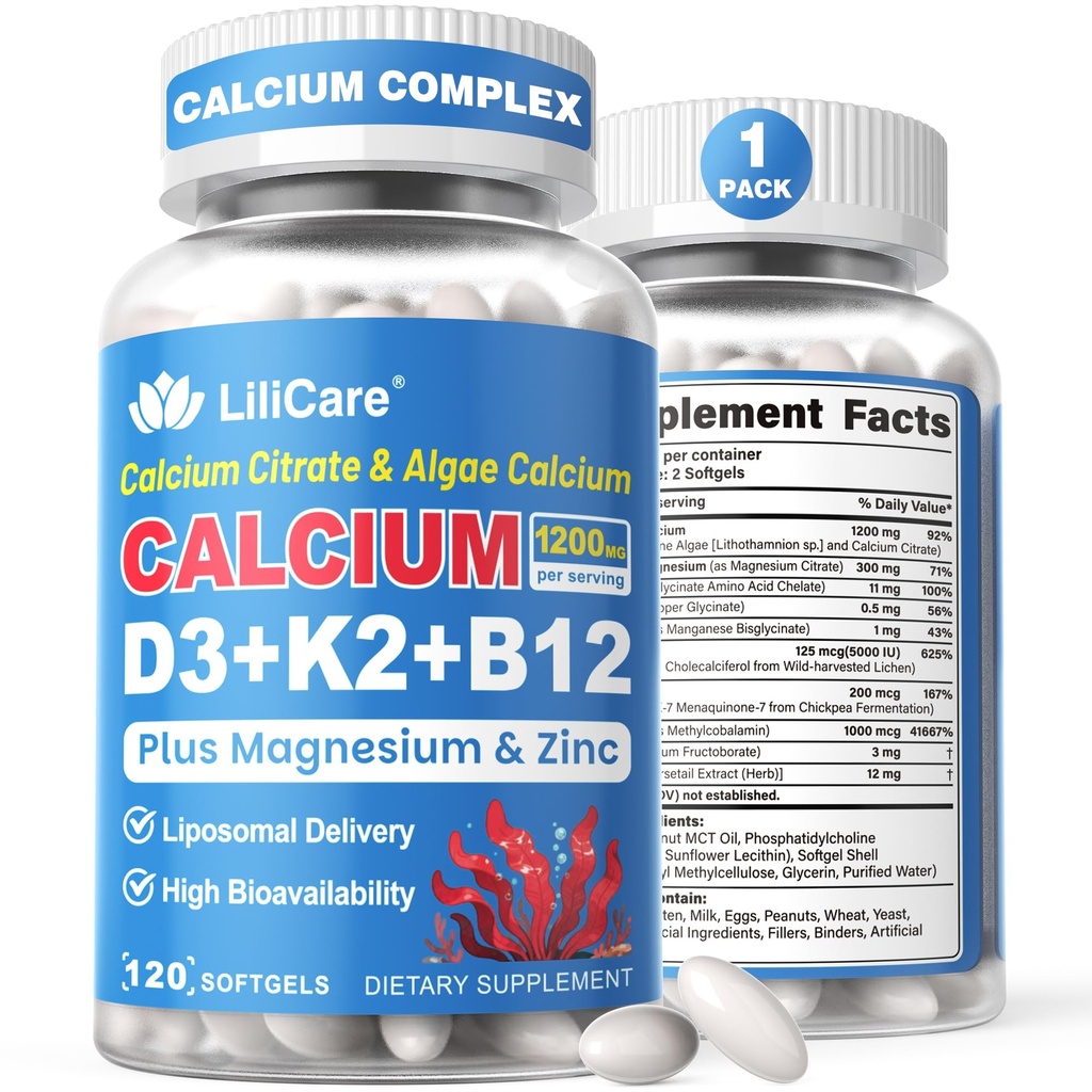 Calcium 1200 mg with Vitamin D3 K2 5000 IU Softgels Supplement for Women Men - Liposomal Calcium Citrate & Algae Calcium Magnesium Zinc + D3 K2 B12, Plant-Based Vegan Vitamin D, Boron for Bone,120ct