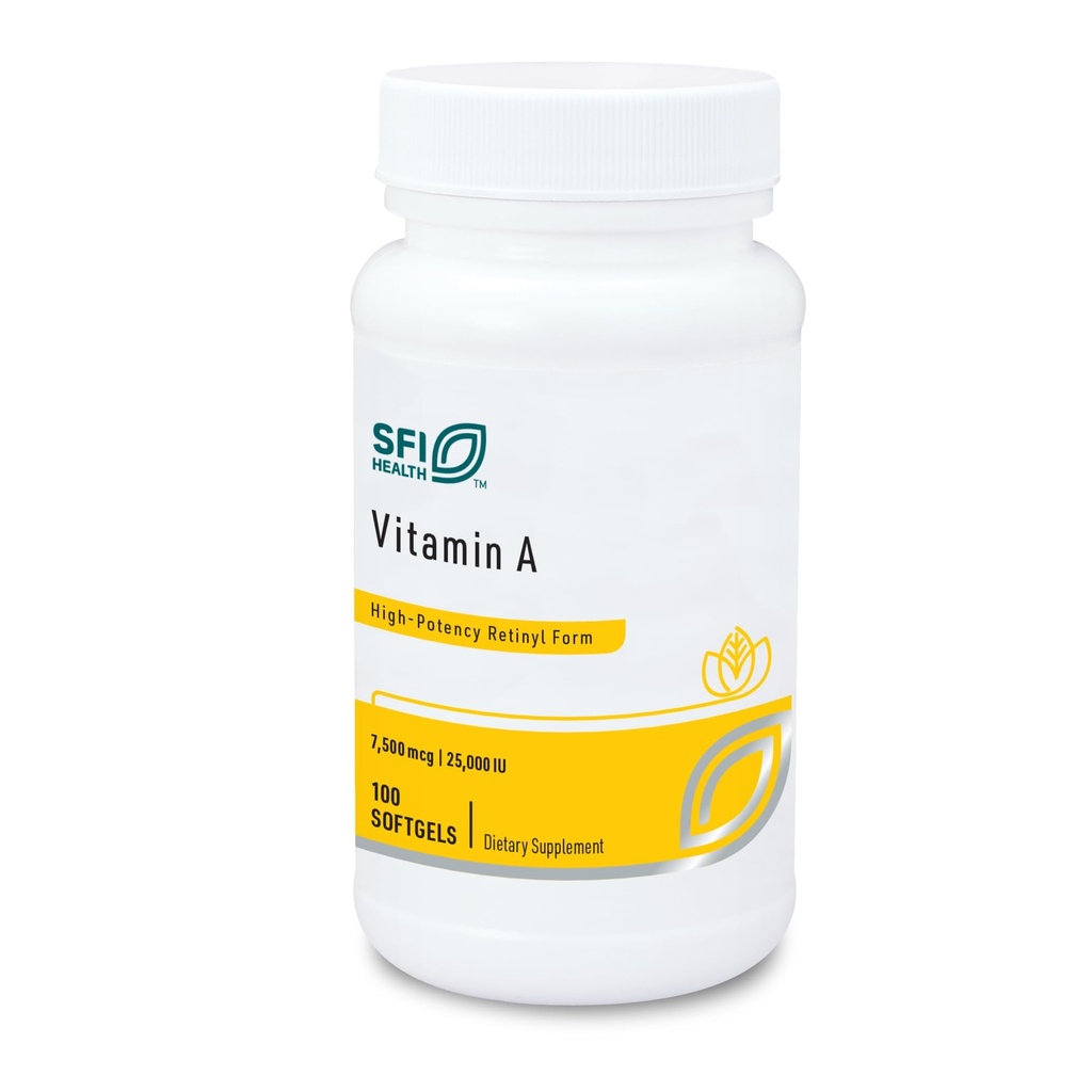 Klaire Labs SFI Health Vitamin A - High Potency 25000 IU Dose (7,500mcg RAE) from Fish Liver Oil, Preformed Retinol Form (100 Softgels)