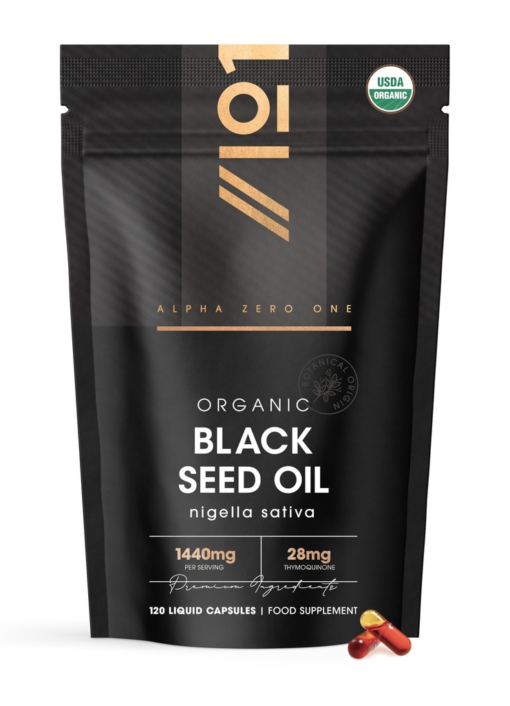 ALPHA01 Organic Black Seed Oil Capsules 1440mg – 4X% Thymoquenine - 120 Count – Ethiopian Nigella Sativa - 100% Cold Pressed & Virgin Cumin Seed Oil