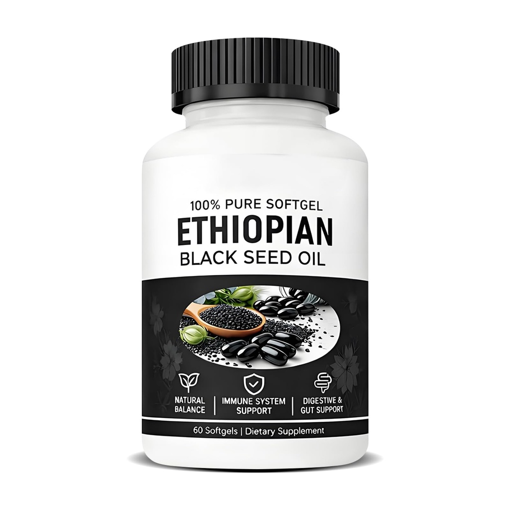 Purely Ethiopian Black Seed Oil, Purely Nutrient Ethiopian BlackSeed Oil, Cold-Pressed from Pure Black Cumin Seeds, Rich in Thymoquinone, Non-GMO, Gluten-Free, 60 Softgels