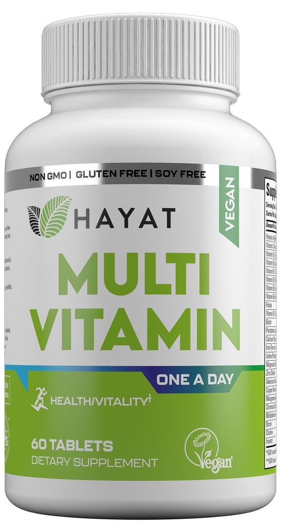 HAYAT Vitamins Vegan Natural Multivitamin, Daily Vitamins with Vitamin A, C, D, E, B1, B2, B3, B6, B12, Biotin, Zinc and More, 2 Month Supply, All Natural, Certified Halal, 60 Tablets, Made in The USA