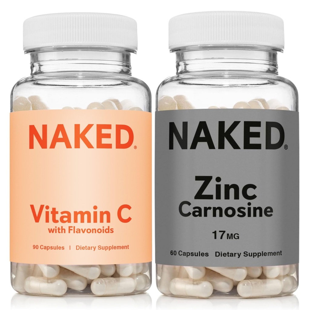 NAKED Zinc Carnosine 17mg (60 cápsulas) Vitamina C 500mg (90 cápsulas) – Vegan; No GMO; Gluten Free; Daily Immune and Stomach Support