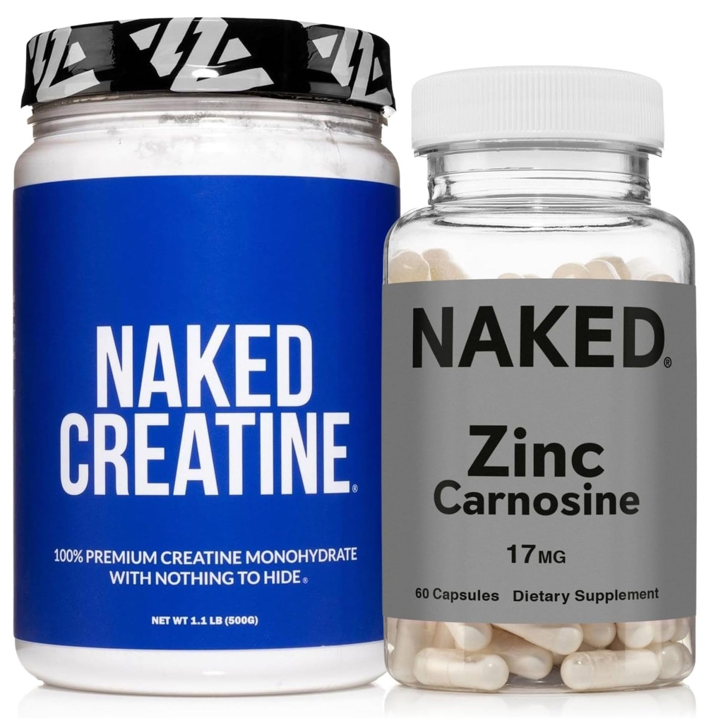 NAKED Zinc Carnosine 17mg (60 Capsules) + NAKED Puro Micronized Creatine Monohydrate 500g (100 Servings) – Vegan; Non-GMO; Gluten Free; Soy Free