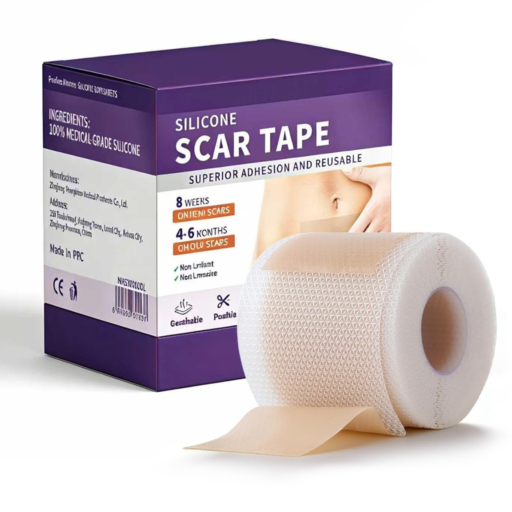 HPUFKOT Medical Grade Silicone Scar Sheets, (1.6" x 60" Scar Roll-1.5M) - Reusable Scar Removal Tape Strips for Surgical,C-Section,Tummy Tuck,Keloid Scars Keloid Bump Removal (Natural)