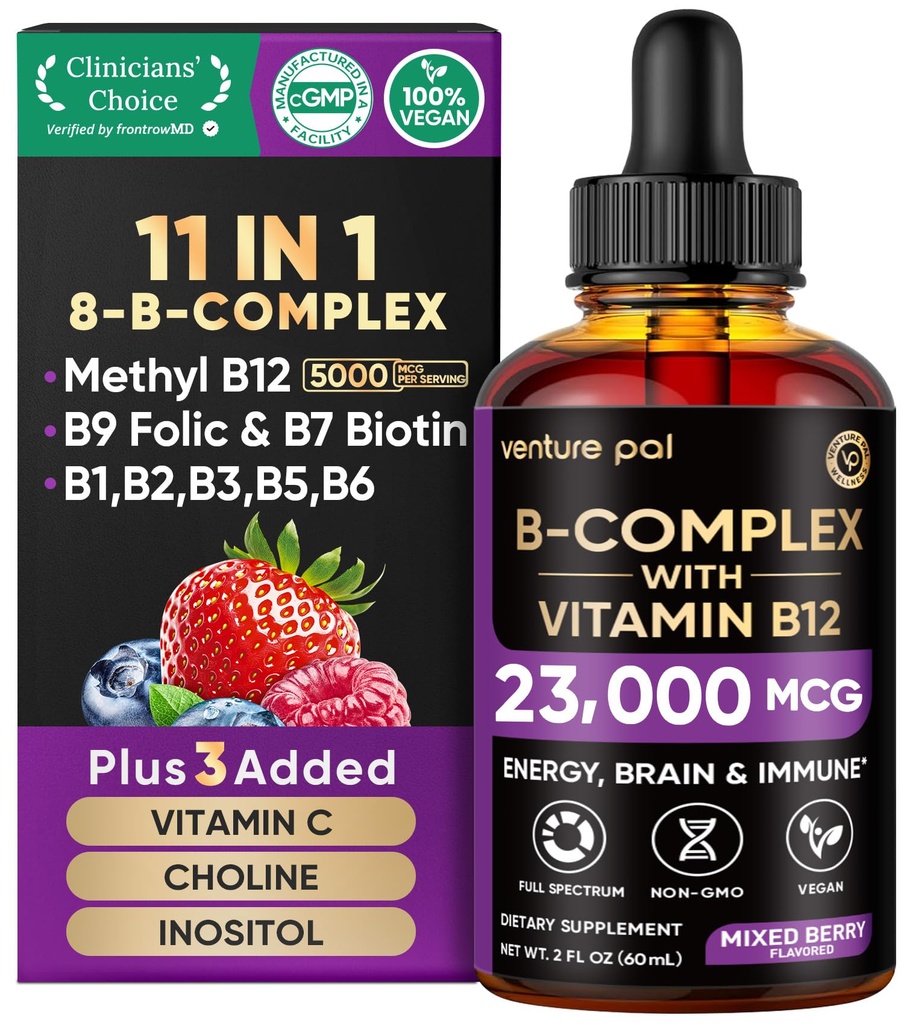 Venture Pal Vitamin B Complex Liquid Drops, B12 Methylcobalamin TEN B9 Folic TEN B1,B2,B3,B5,B16 - Vitamina C, Choline, Inositol, Immune & Energy Metabolism, Brain & Heart Support