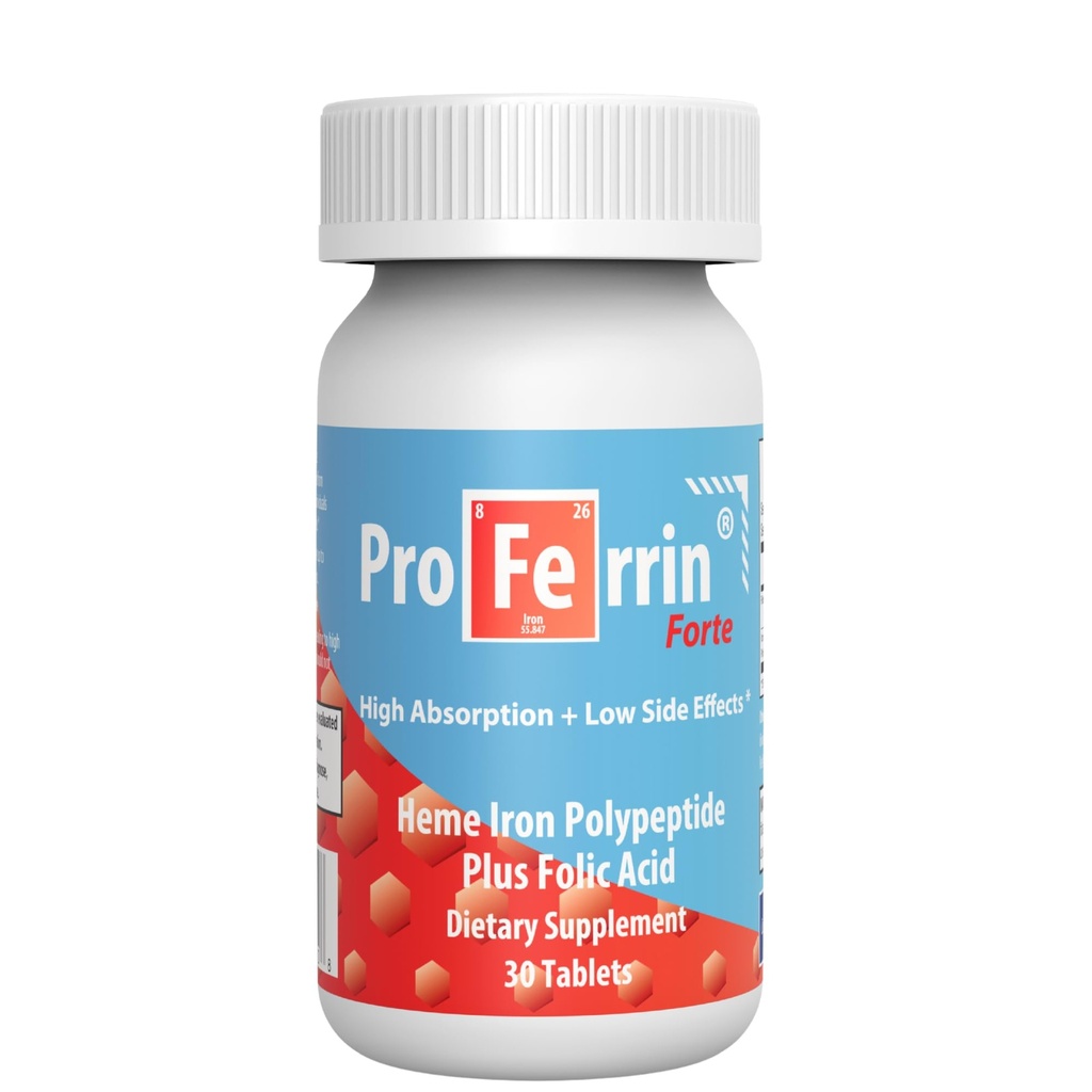 Proferrin Forte-12mg of high Absorbing Heme Iron Polypeptide. Easy on the Gut. 30 Tablets. 1mg of Folic Acid to aid in red Blood Cell Production. Not affected by Coffee, Calcium, or PPI's.
