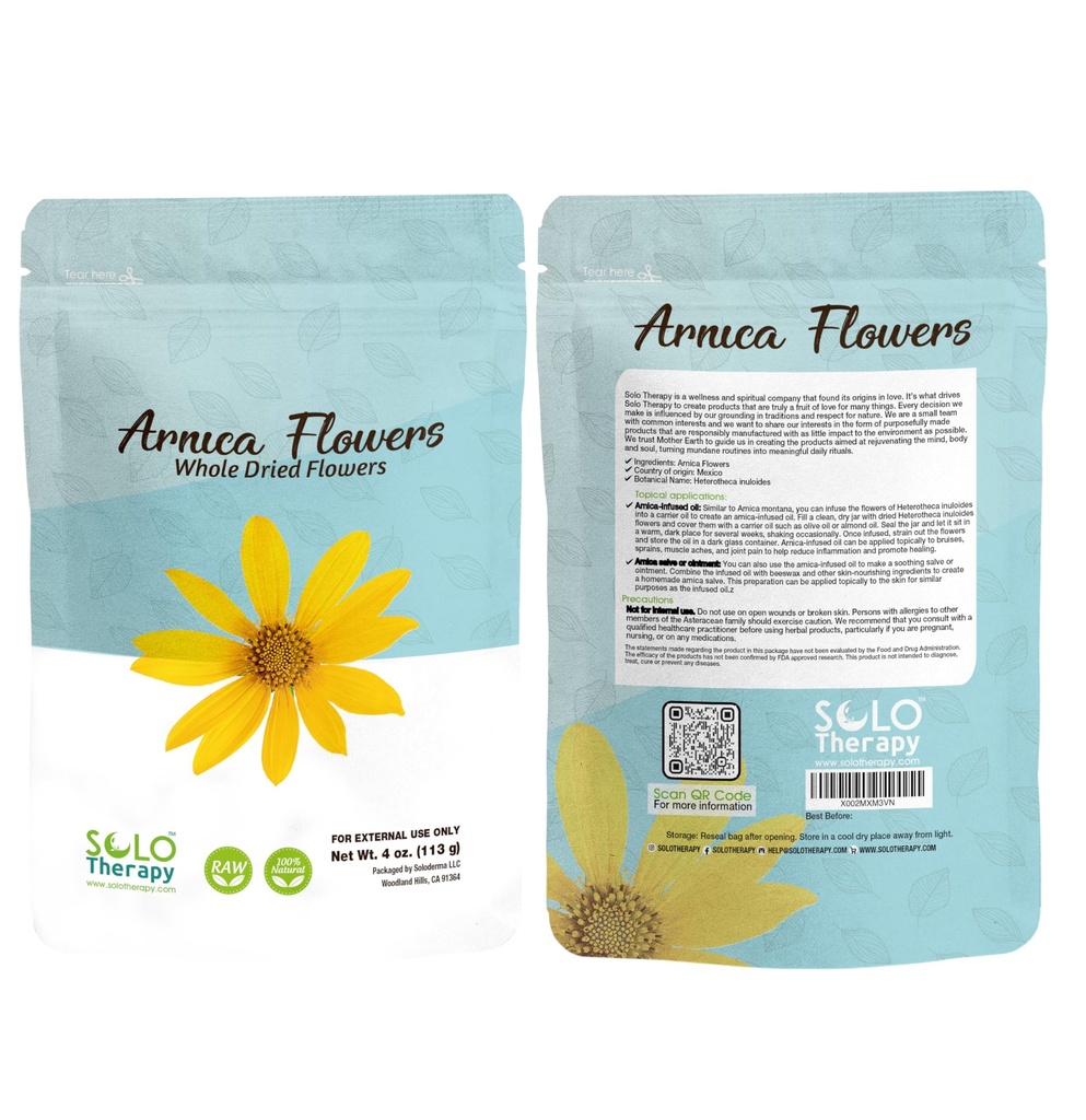 Solo Therapy Arnica Dried Whole Flowers 4 oz, Heterotheca Inuloides, Flores De Arnica Secas, Product from México, Packaged in The USA