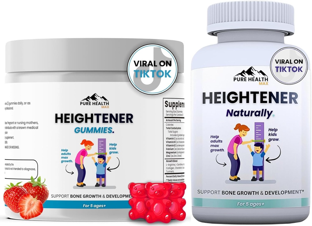 Cápsulas de alto nivel + Gummies de alto nivel - Suplemento de crecimiento de altura natural para niños, adolescentes y adultos para aumentar la fuerza de los huesos y crecer más alto ANTERITO Altura máxima píldoras con L-Arginina, calcio