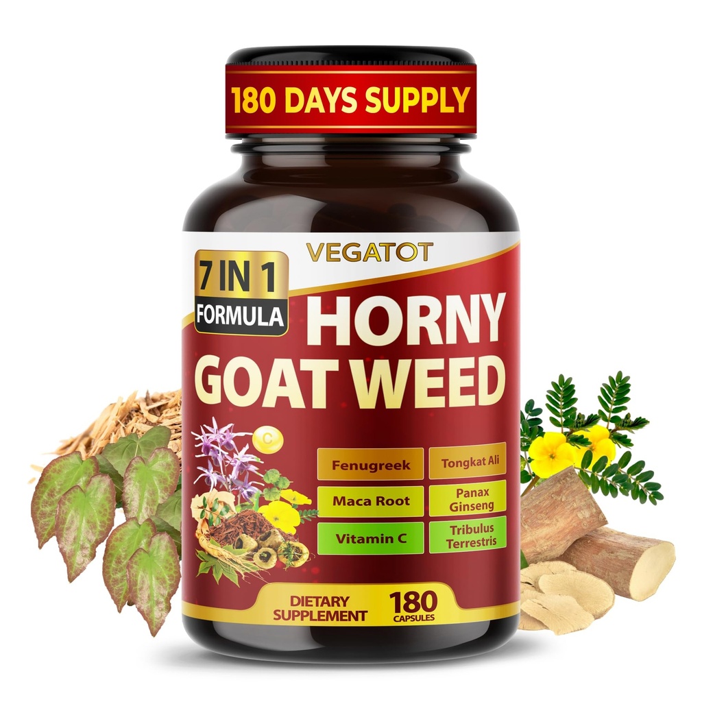 Horny Goat Weed 600 mg with Yohimbine, Tongkat Ali, Maca, Tribulus & Panax Ginseng – 8-in-1 Strength & Vitality Support – 180 Capsules – Vegatot – Gluten-Free, Lab Verified