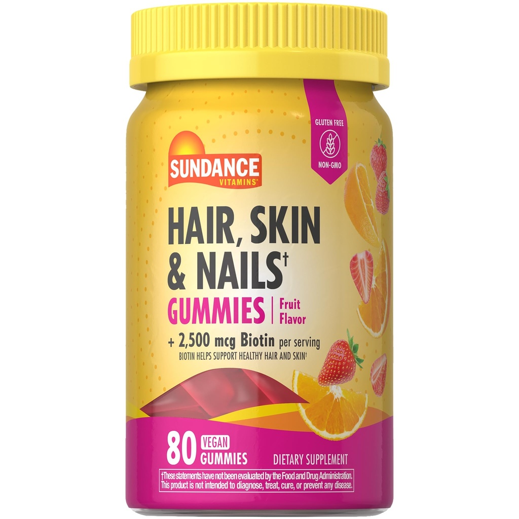 Sundance Hair, Skin, and Nails Gummies with Biotin | 2500 mcg | 80 Count | Fruit Flavor Vitamin | Vegan, Non-GMO & Gluten Free Supplement