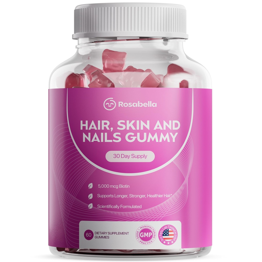Rosabella Hair Growth Gummies for Women & Men – Vegan Hair Gummies with 5000mcg Biotin – Hair Vitamins for Strong, Healthy-Looking Hair – Gummy Biotin Supplement – 60 Count
