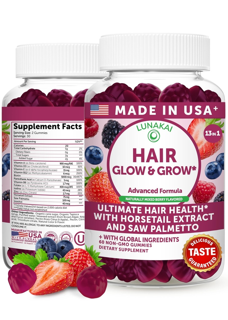 Lunakai USA Made Super Hair Gummies with Biotin, Zinc, Horsetail Extract & Saw Palmetto - Hair Growth Vitamins for Women & Men – Supports Thicker, Longer, Stronger Tresses, Skin & Nails, 60ct