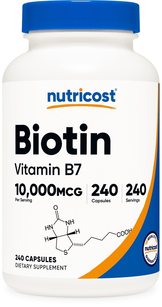 Nutricost Biotin (Vitamin B7) 10,000mcg (10mg) Vitamin Supplement, 240 Capsules - Vegetarian, Gluten Free, Quick Release, Non-GMO