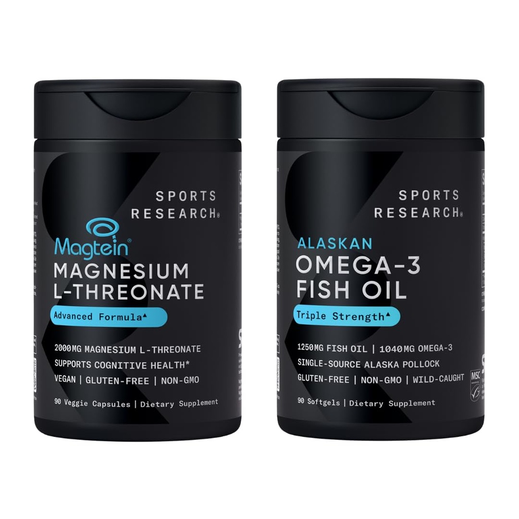 Sports Research® 90 Ct Cognitive Health Support Pack - Triple Fuerza Omega 3 Fish Oil EPA DHA Fatty Acids from Single-Source Wild Alaskan Pollock &amp; Magtein Magnesium L-Threonate for Memory, Focus