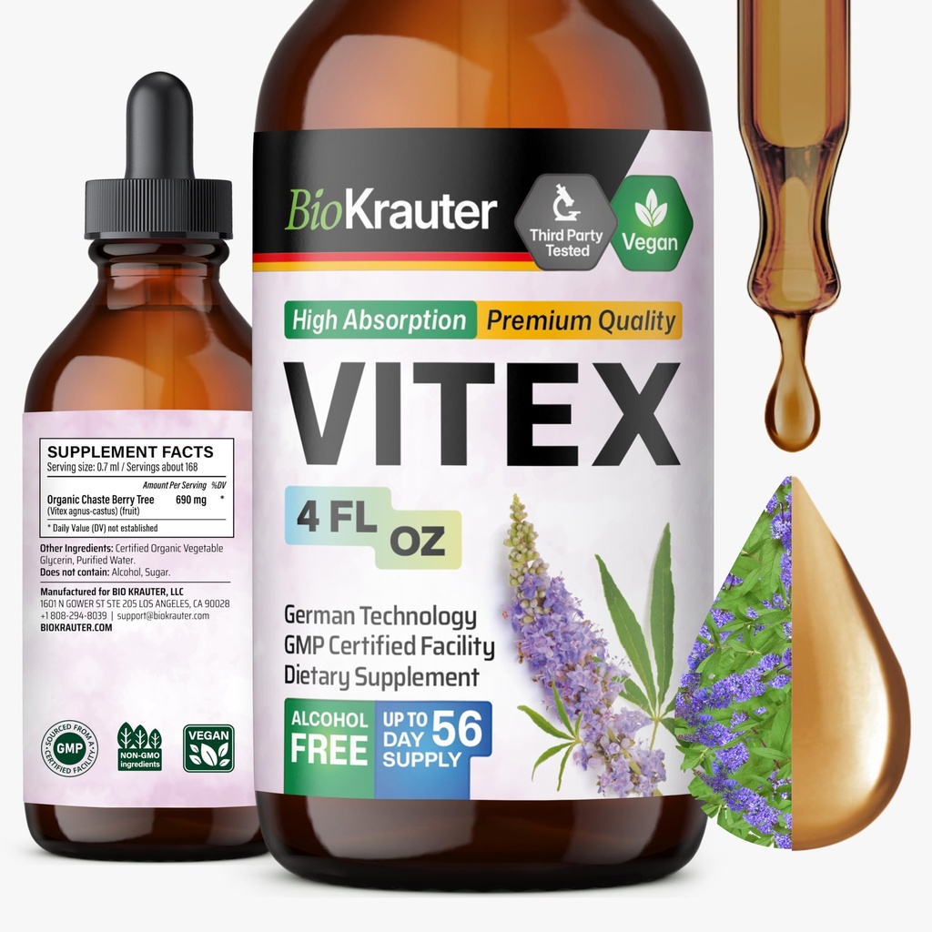 BIO KRAUTER® Vitex Chasteberry Supplement for Women & Menopause Support* - 4 Fl.Oz 56 Days of Supply - Pure Vegan Vitex Berry Tincture - Alcohol & Sugar Free, Non-GMO - Relaxation & Women's Wellness*