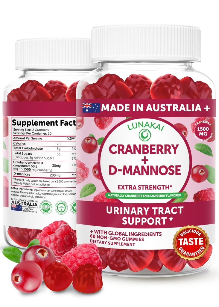 Lunakai Cranberry Gummies for Women 1500mg (50:1 Extract) with D-Mannose 200mg - Daily Cranberry Supplement for Urinary Tract Health & Bladder Support, Non-GMO – Made in Australia – 60ct