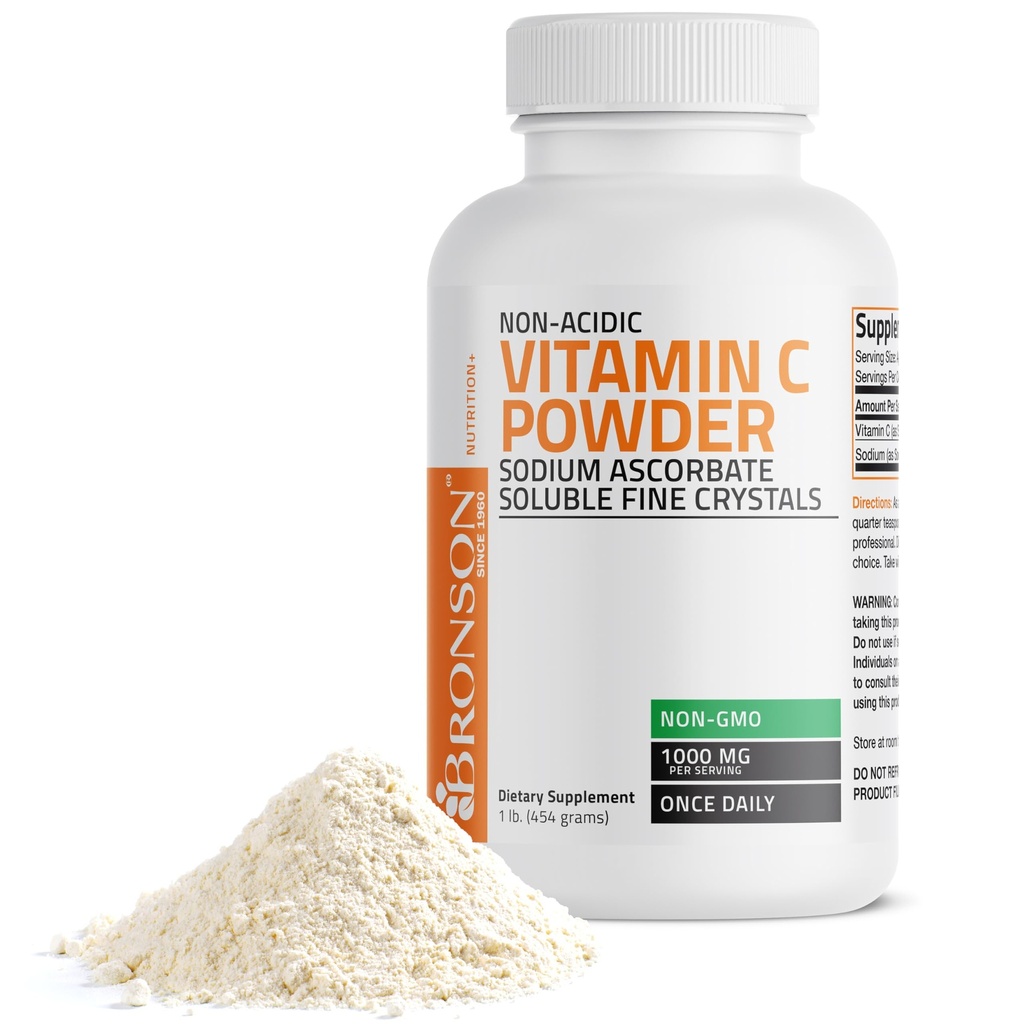 Bronson Non Acidic Vitamin C Powder Sodium Ascorbate Non GMO Soluble Fine Crystals - Healthy Immune System, Antioxidant and Cell Protection - 1 Pound (16 Oz, 454 Grams)