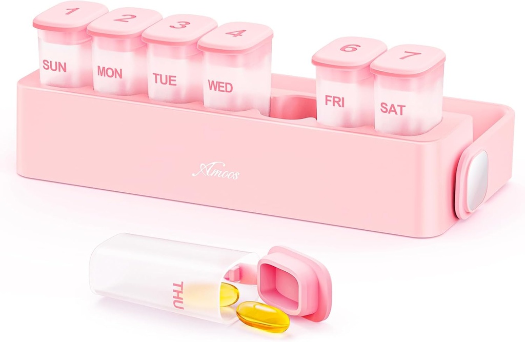 Organizador semanal de píldoras con mecanismo de bloqueo, caja de amortiguación de viajes 7 Día para mantener vitaminas, aceites de pescado, suplementos, medicamento interno transparente organizador para bolsillo, propósito, libre de BPA