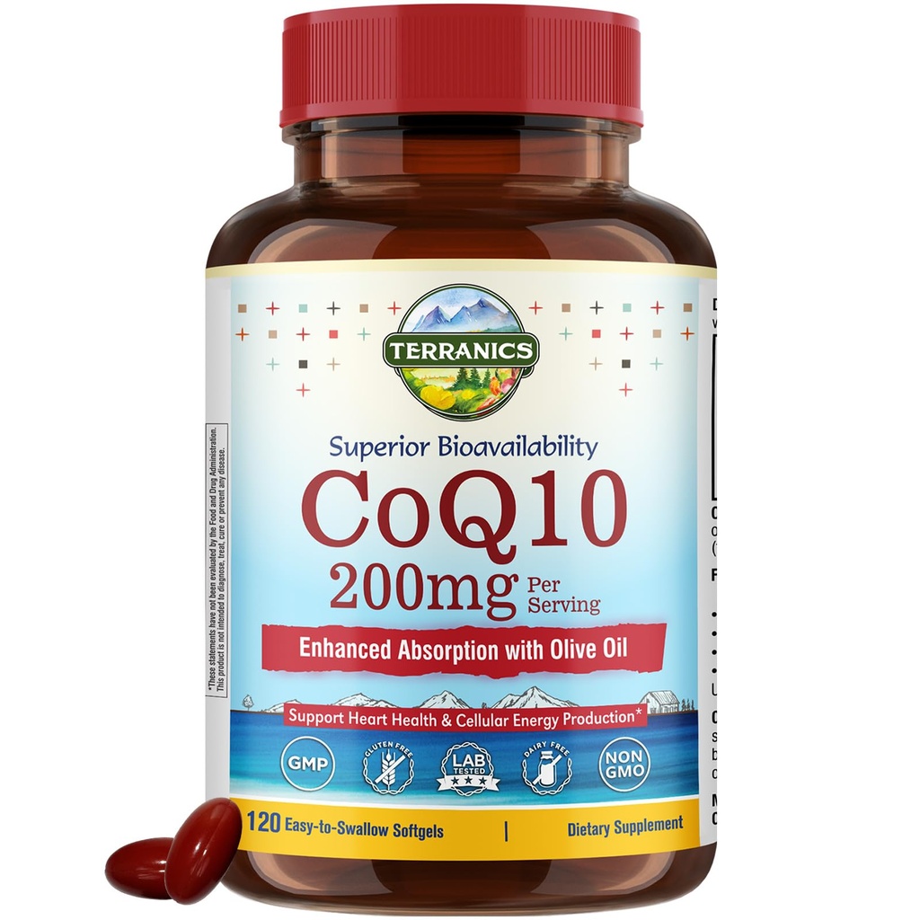 Terranics CoQ10 200mg, Coenzyme Q10 Supplement with Extra Virgin Olive Oil for Enhanced Absorption, Made in USA, Supports Heart Health, Antioxidant Protection, Energy Production, Non-GMO, 120 Softgels