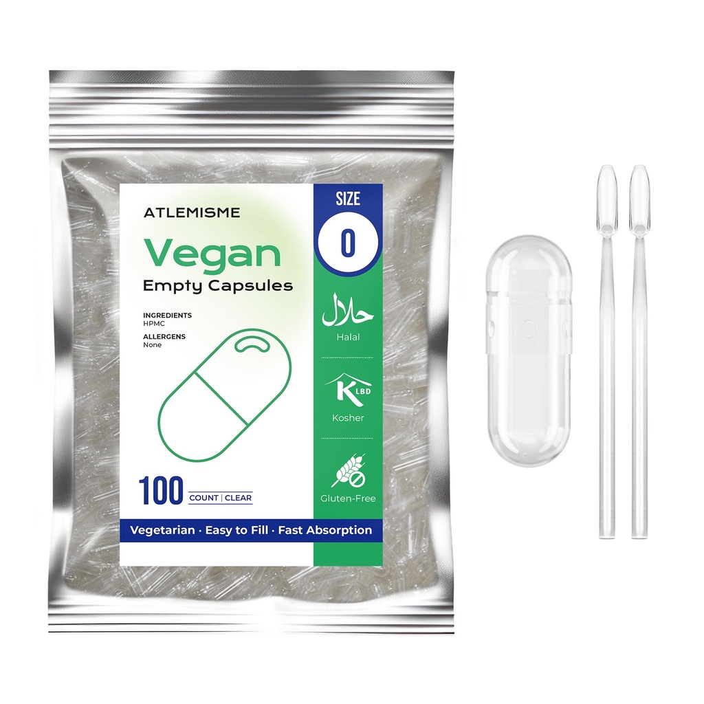 Empty Vegan Capsules Tamaño 0 - (100 Conde) Empty Capsules DIY Vegetable Capsule Filling - Veggie Empty Caps with 2 Micro Lab Spoons