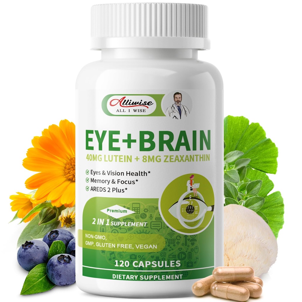 Eye + Brain Supplements for Memory and Focus, Lutein 40mg, Zeaxanthin, Astaxanthin, Bilberry, Lion’s Mane, Bacopa Monnieri, Ginkgo Biloba, 14 in 1 Eye Vitamins for Adults & Seniors 120 Capsules
