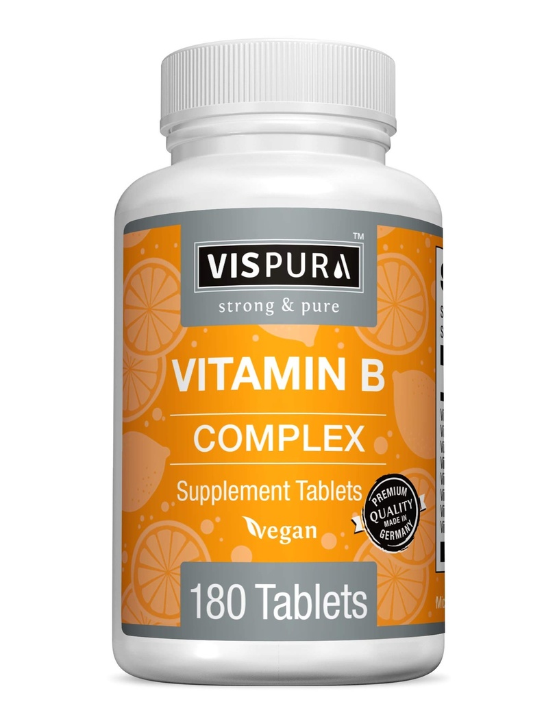 Vitamina B-Complex, 180 Tabletas Vegan, Todas las vitaminas B incluyendo B12, B1, B2, B3, B6, B7, B9, ácido fólico, para el sistema de estrés, energía y inmunológico saludable*, Suplemento natural sin aditivos