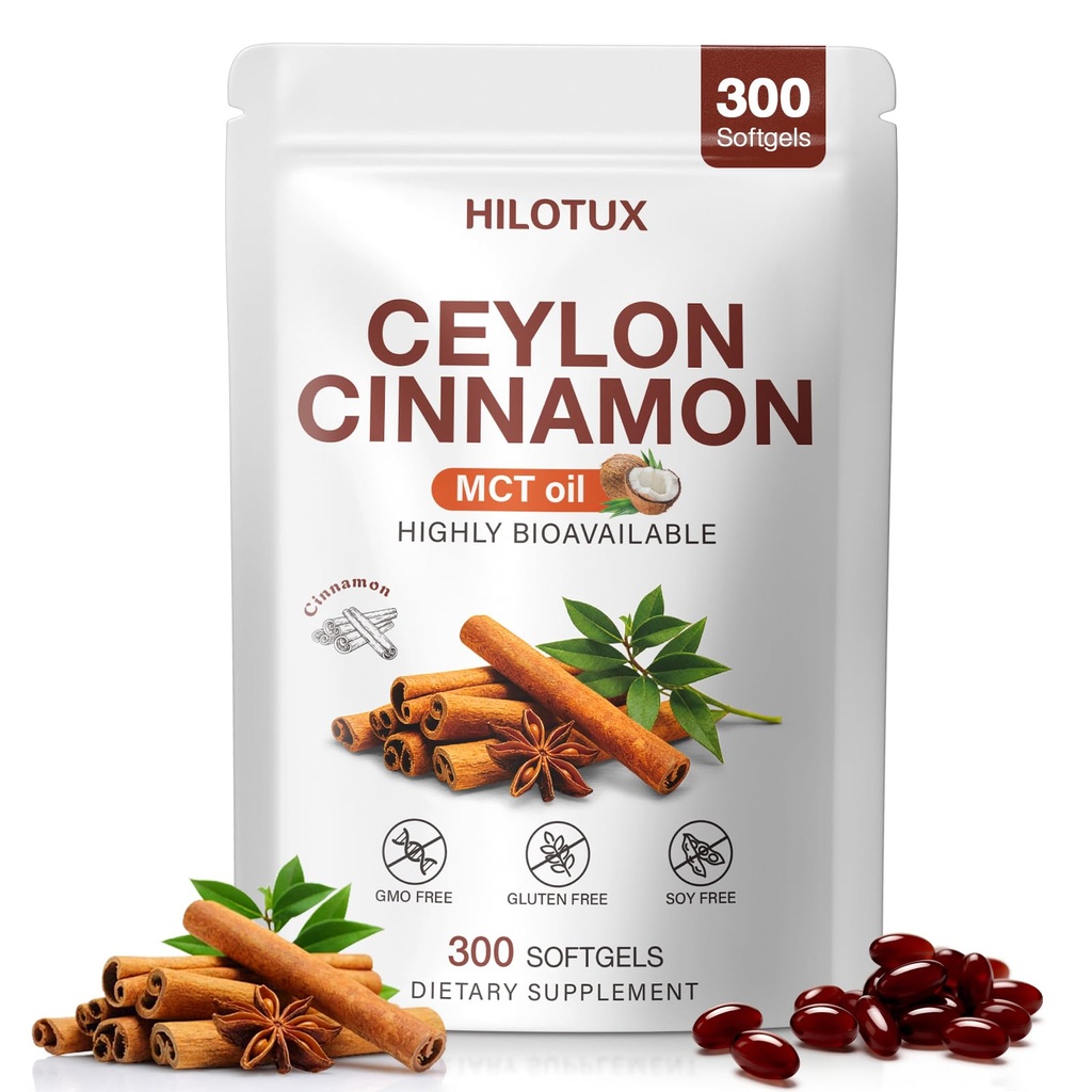 Sri Lanka Sourced Ceylon Cinnamon Softgels with MCT Oil, 300 Count, Ceylon Cinnamon Capsules Superior Bioavailability, Low Coumarin, Gluten & Soy Free, Natural Energy & Sugar Support for Men & Women