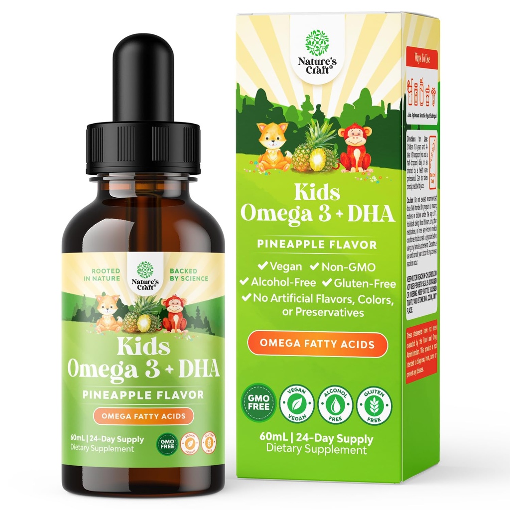 Niños DHA Omega 3 gotas - ácidos grasos Omega 3 6 9 para cerebro, Immune Strength & Vision - DHA nutricional para niños para sistema nervioso saludable " Apoyo en foco - Suplemento líquido con EPA " ALA - 2 Fl Oz