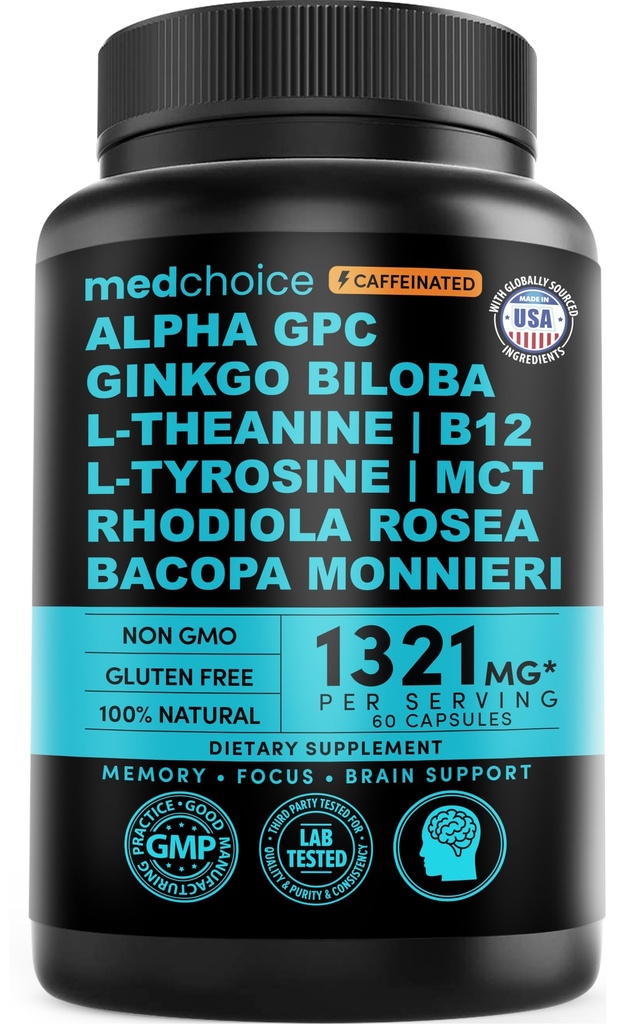 12-en-1 Suplemento Nootropic Brain con Anhydrous Caffeine: Ginkgo Biloba para soporte cerebral, memoria y foco - B12, Alpha GPC, L Theanine y Choline Suplementos con Bioperina con 1321mg (60ct)