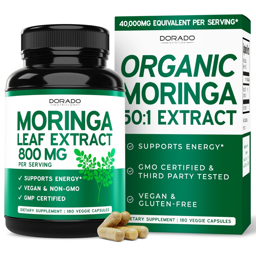 Organic Moringa Capsules 40,000mg (3 Month Supply) Pure Organic Moringa Leaf Powder Supplement - Energy, Skin, Gut Health Support - Vegan Safe, Third Party Tested & Non GMO - USA Made - (180 Capsules)