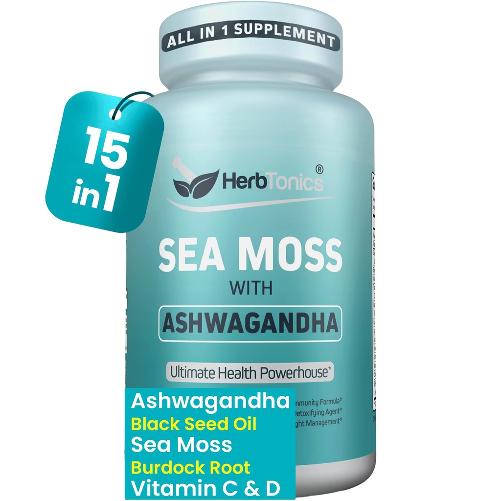 Herbtonics Sea Moss, Black Seed Oil, Ashwagandha, Burdock Root & ACV Complex ← Inmunity Boost, Reduce Stress, Support Digestion ← All-in-One SeaMos Capsules ← 60 Capsules