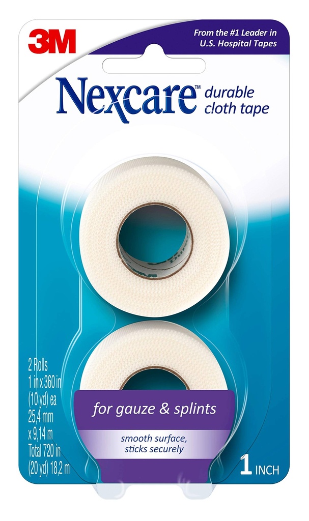 Nexcare Durable Cloth Tape, Woven Tape, Securely Holds Bulky Wound Dressing - 1 In x 10 Yds, 2 Rolls of Tape